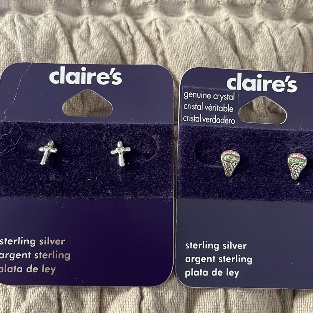 Sterling silver girls earrings cross and ice cream cone with swar crystals